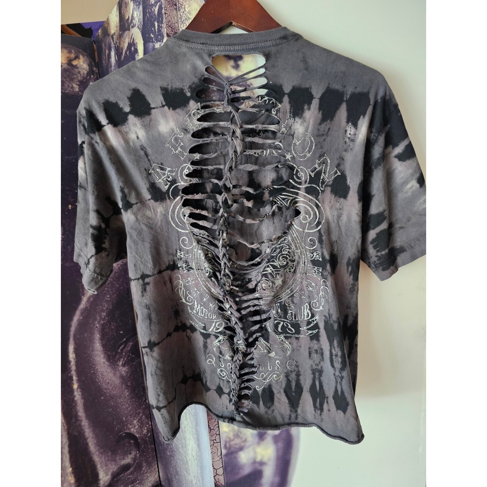 AFFLICTION Women Distressed Tie Dye Graphic‎ T Shirt Cut Out Ripped Gray L/XL - Picture 4 of 9